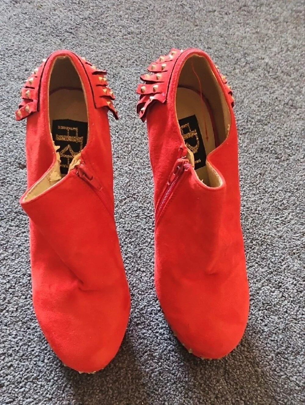 Red Studded Fringe Platform Ankle Heels - Women